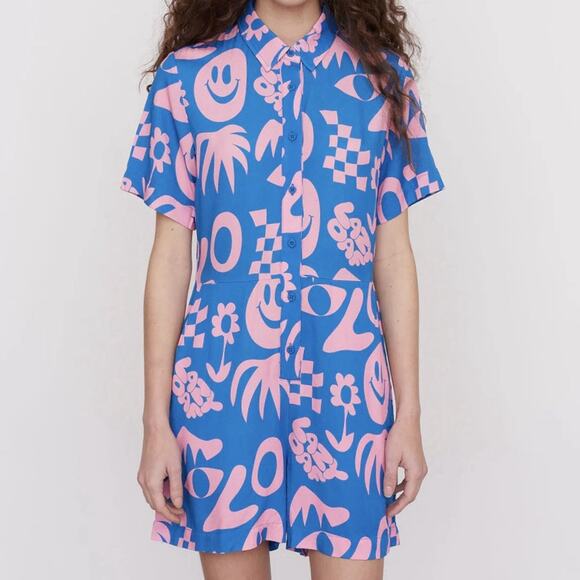 Lazy Oaf Palm Romper Womens Size 2 Abstract Funky Maximalist Artsy Blue Pink - Picture 1 of 7